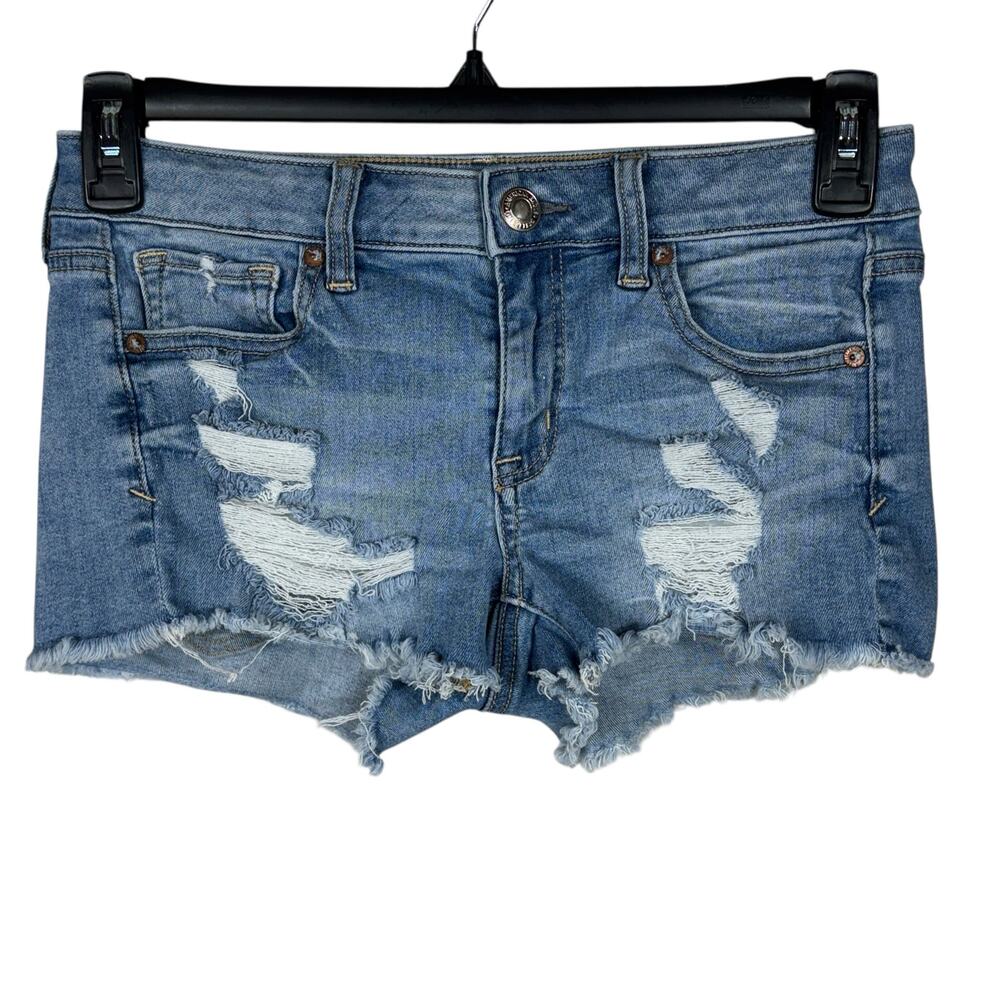 American Eagle SZ 4 Shortie Jean Shorts Distressed Frayed Hems Stretch Low-Rise
